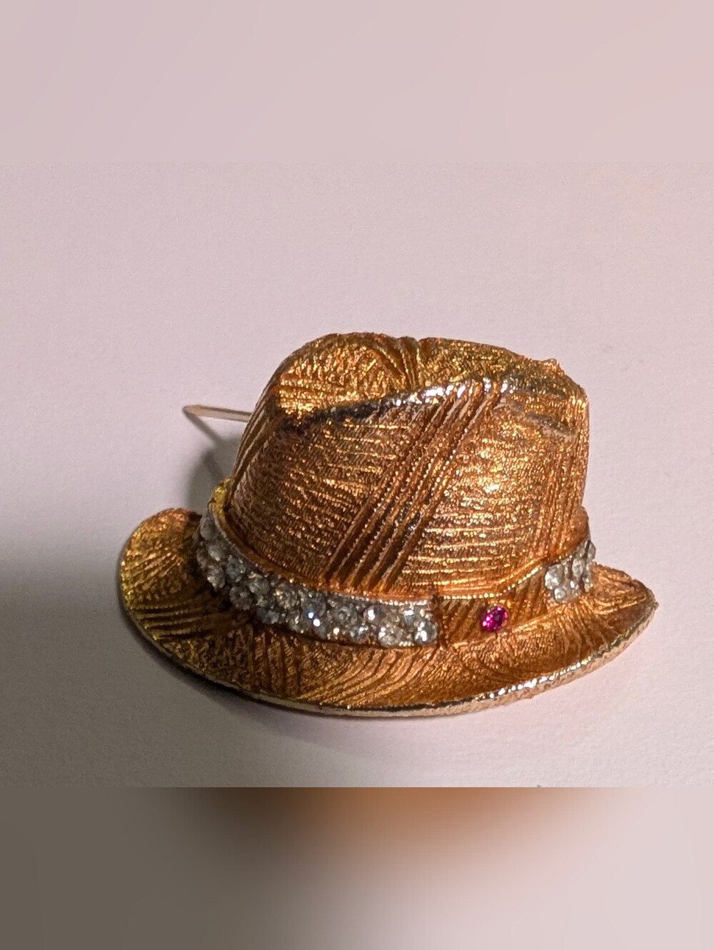 Vintage 1964 BSK "My Fair Lady" Gold Tone Fedora Hat Brooch Pin - Rhinestone